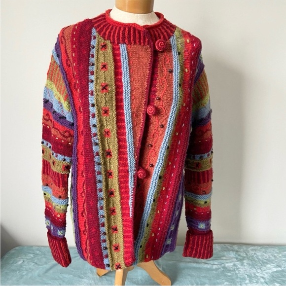 Newari Handmade Nepalese Icelandic 100% Wool Sweater Multi-color Size L/XL - Picture 3 of 6